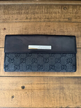 Gucci Wallet Unisex Black GG Denim Canvas Leather Long Wallet Bi-fold Made Italy